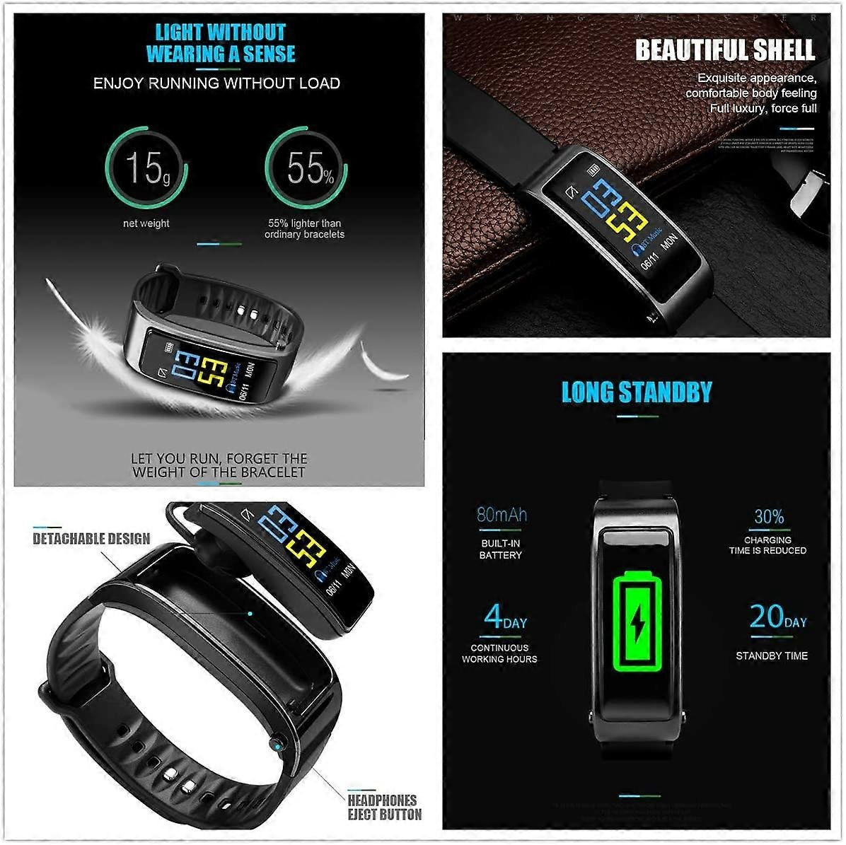 Smart Watch Bracelet with Built-In Earbuds – BT Call, Music & Health Monitor