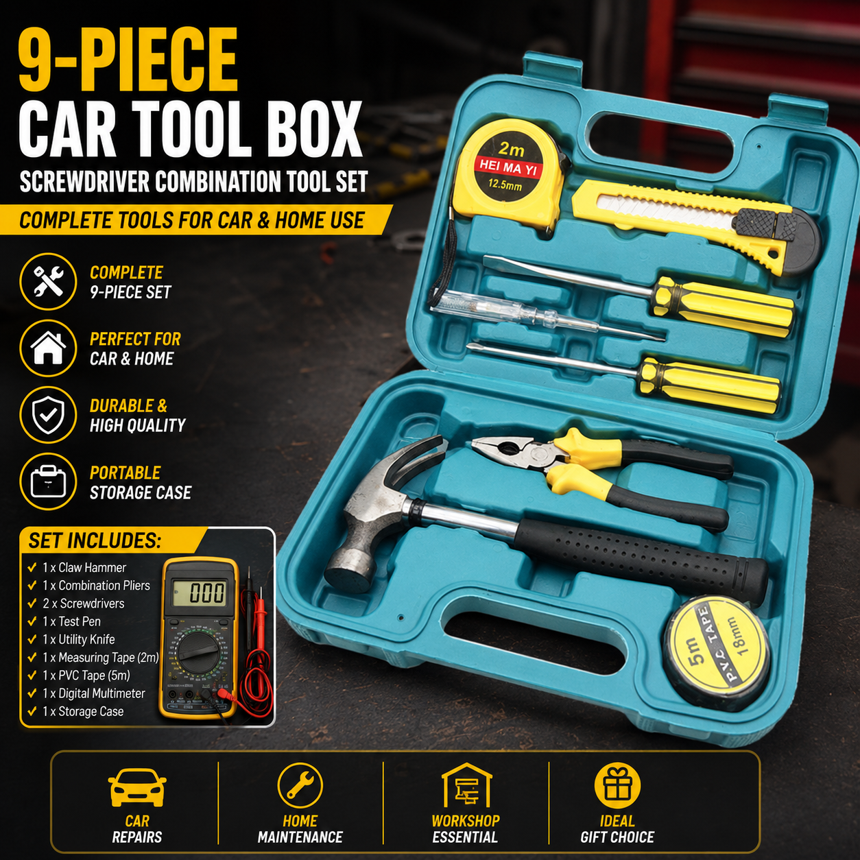 9-Piece Car Tool Kit – Screwdriver Set with Digital Multimeter & Hammer for Home & Auto Repairs