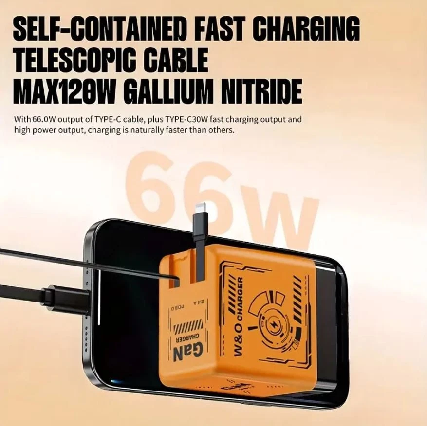 120W GaN Fast Charger USB-C PD Charger with Retractable Cable