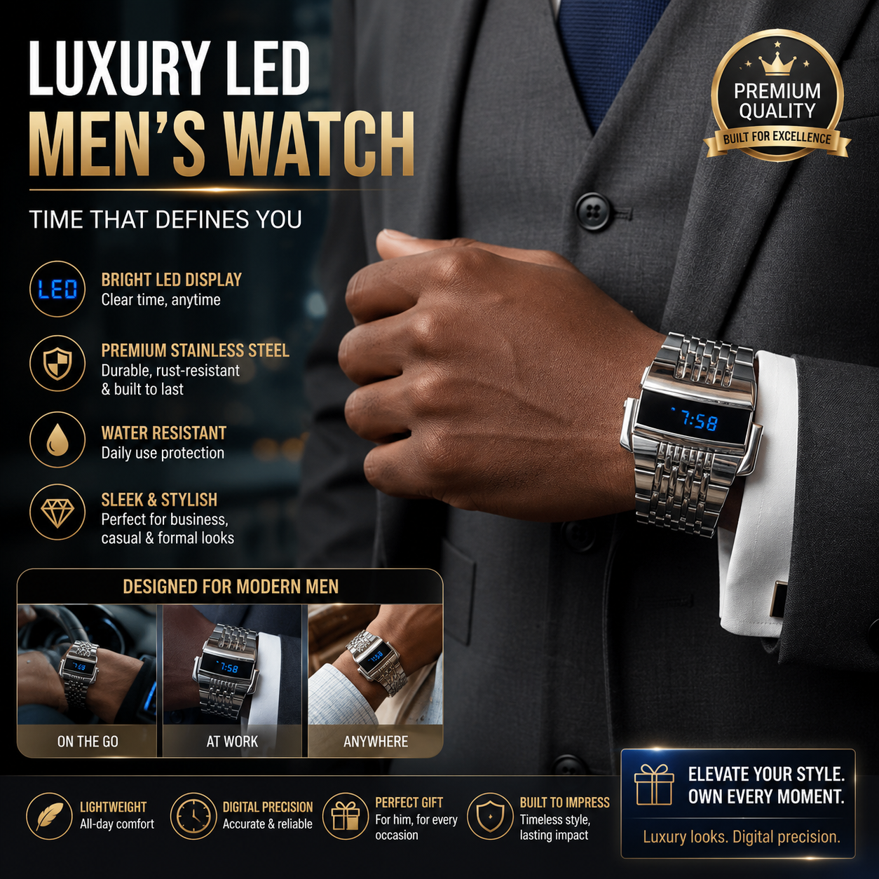 Luxury LED Men's Stainless Steel Digital Wristwatch