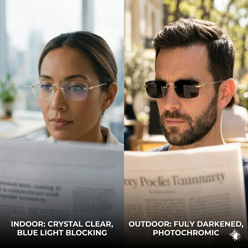 Frameless Photochromic Blue Light Glasses – Rimless Style for Men & Women