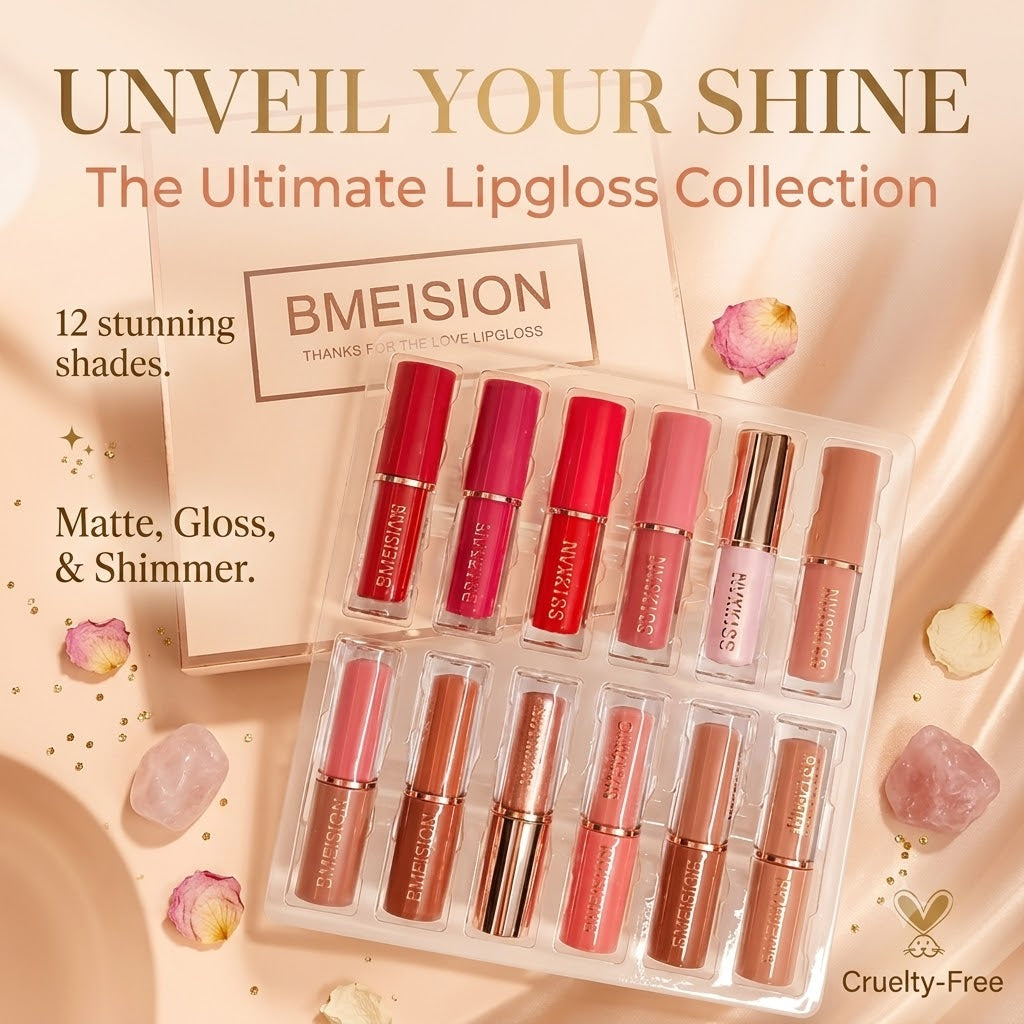 12-Color Lip Gloss Set Matte & Pearl Finish