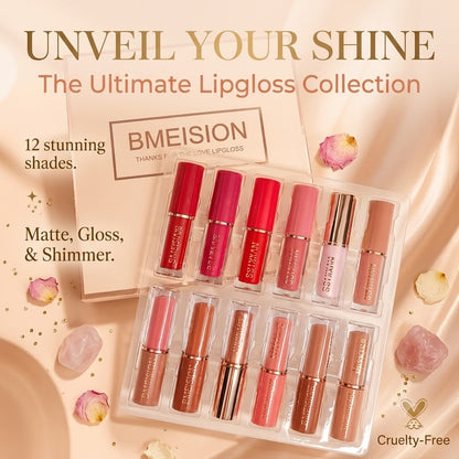 12-Color Lip Gloss Set Matte & Pearl Finish