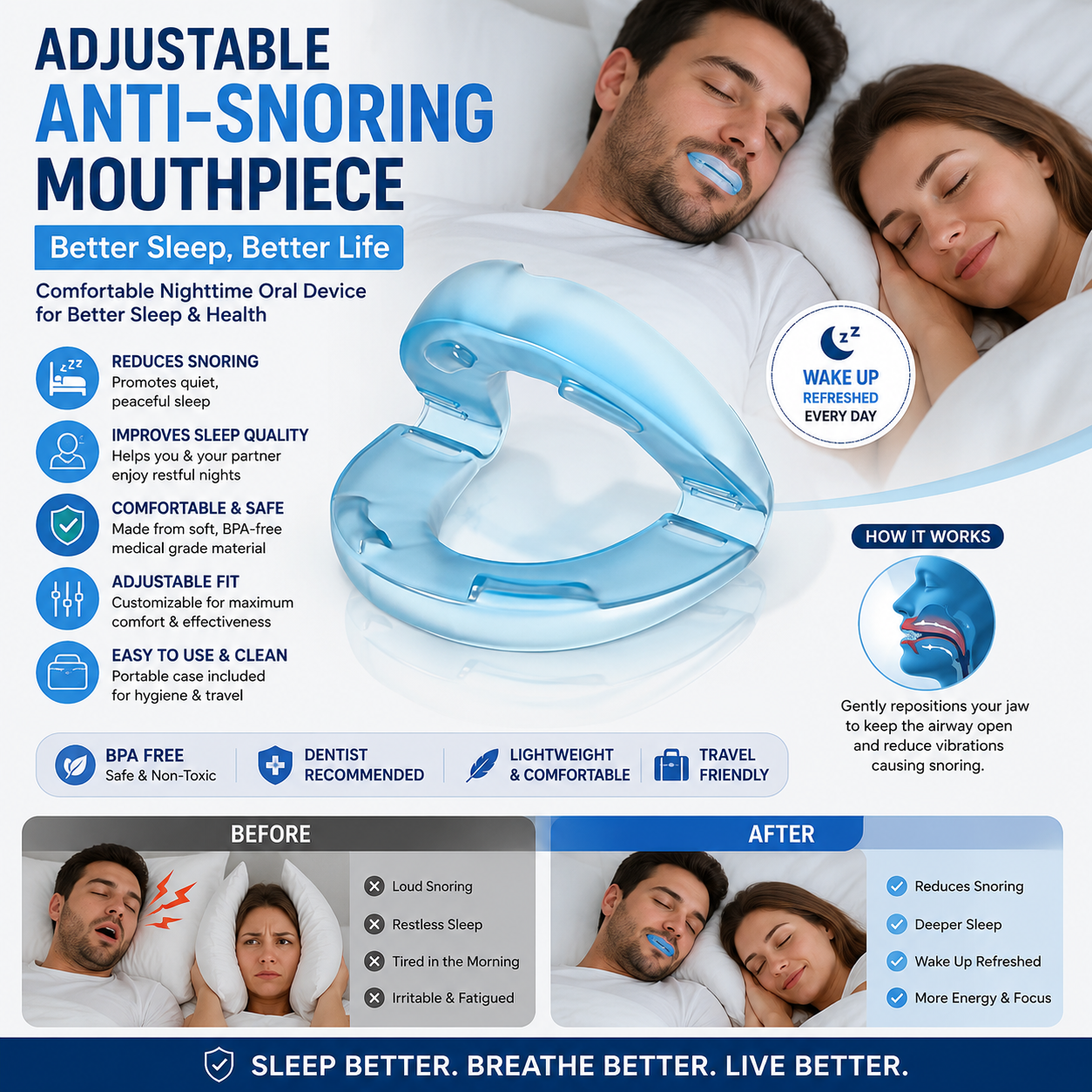Adjustable Anti-Snoring Mouthpiece Nighttime for Better Sleep