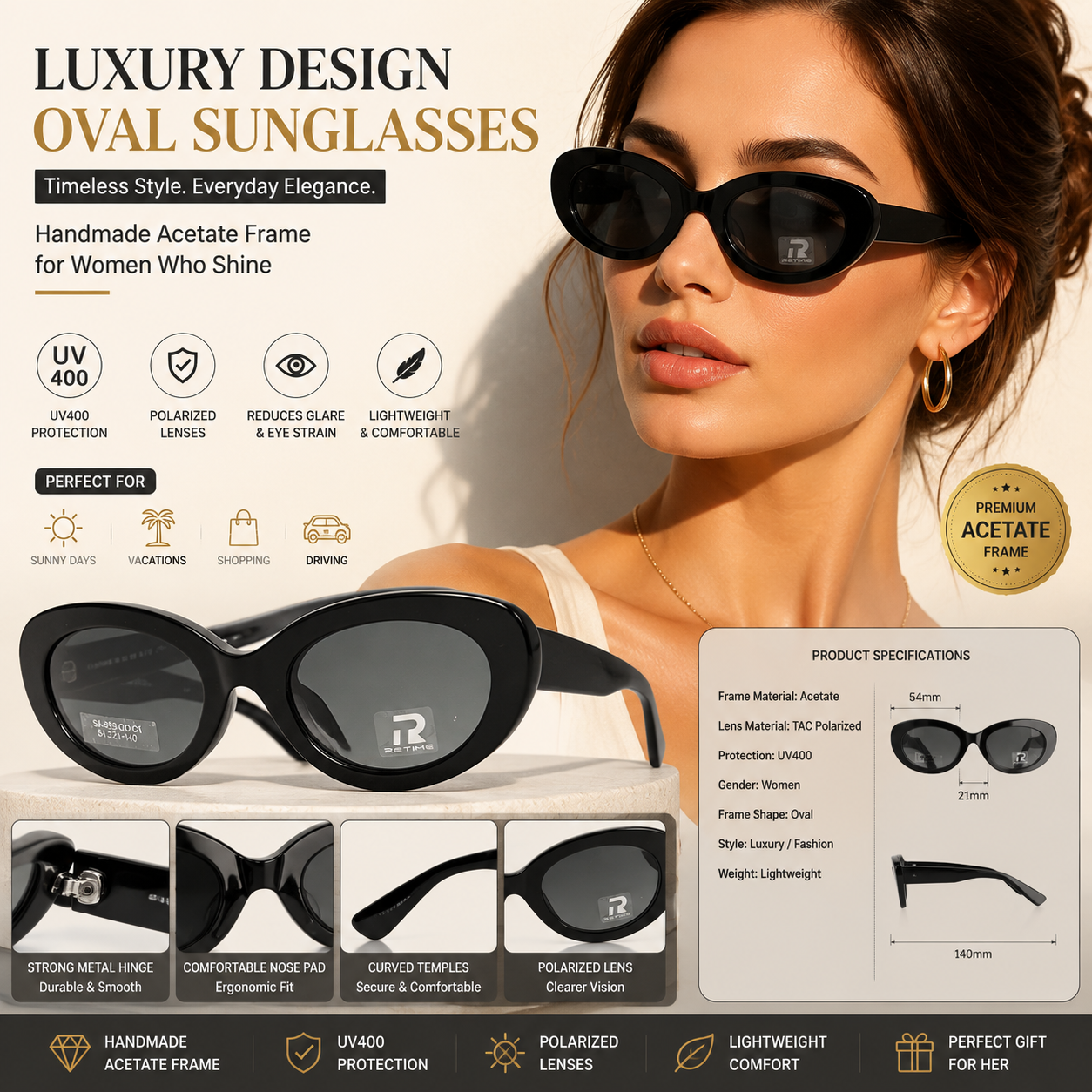 Women’s Oval Polarized Sunglasses – Luxury Handmade Acetate Eyewear with UV400 Protection