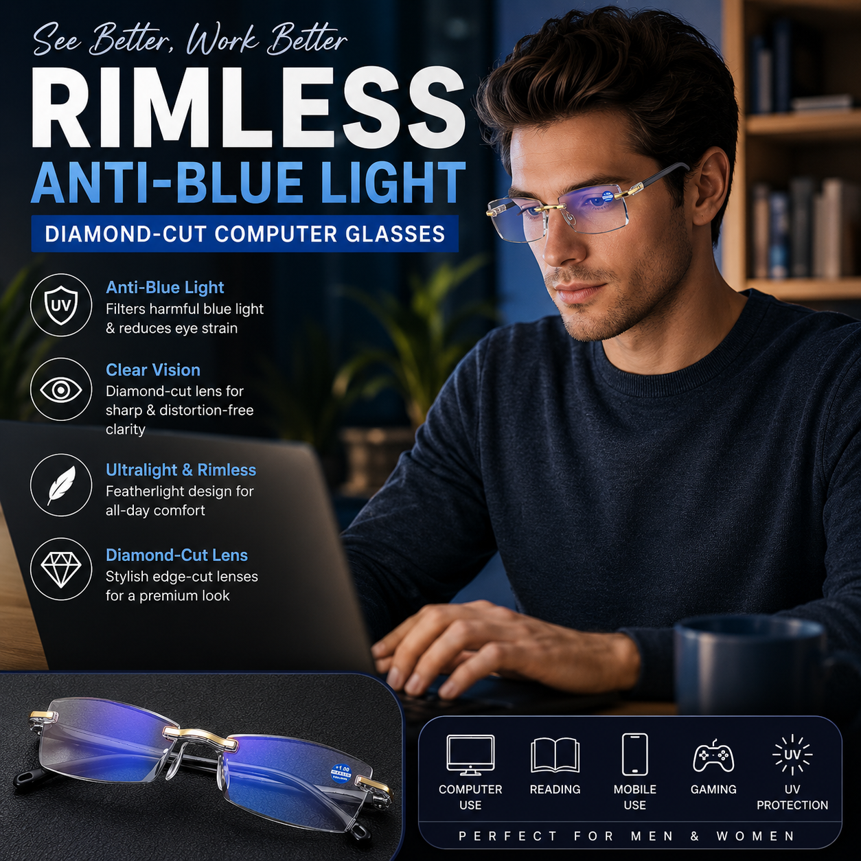 Rimless Anti Blue Light Diamond - Cut Computer Glasses