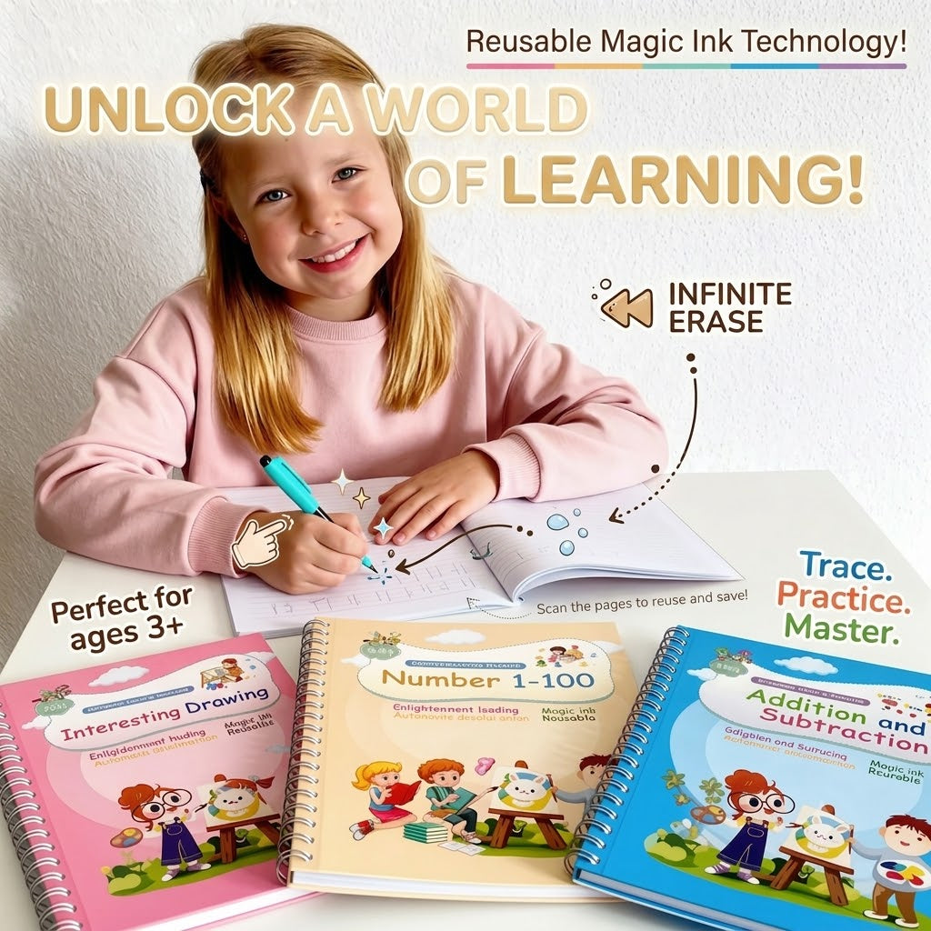 Magic Grooved Writing Practice Books – Reusable 3D Handwriting Workbook for Kids