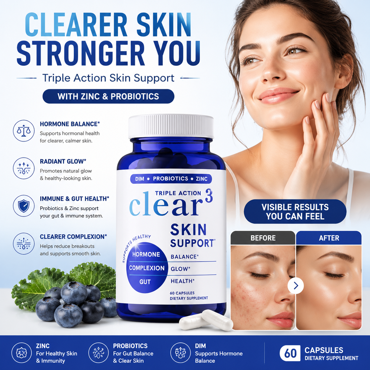 Skin Support Supplement with Zinc & Probiotics for Adults (60 Capsules)