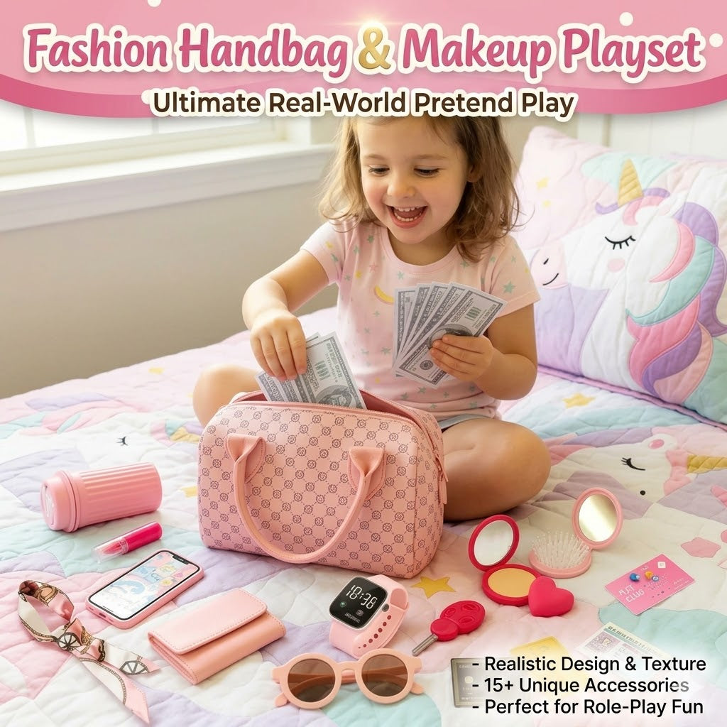 Realistic Pretend Play Fashion Handbag – Kids Makeup & Shopping Toy Set