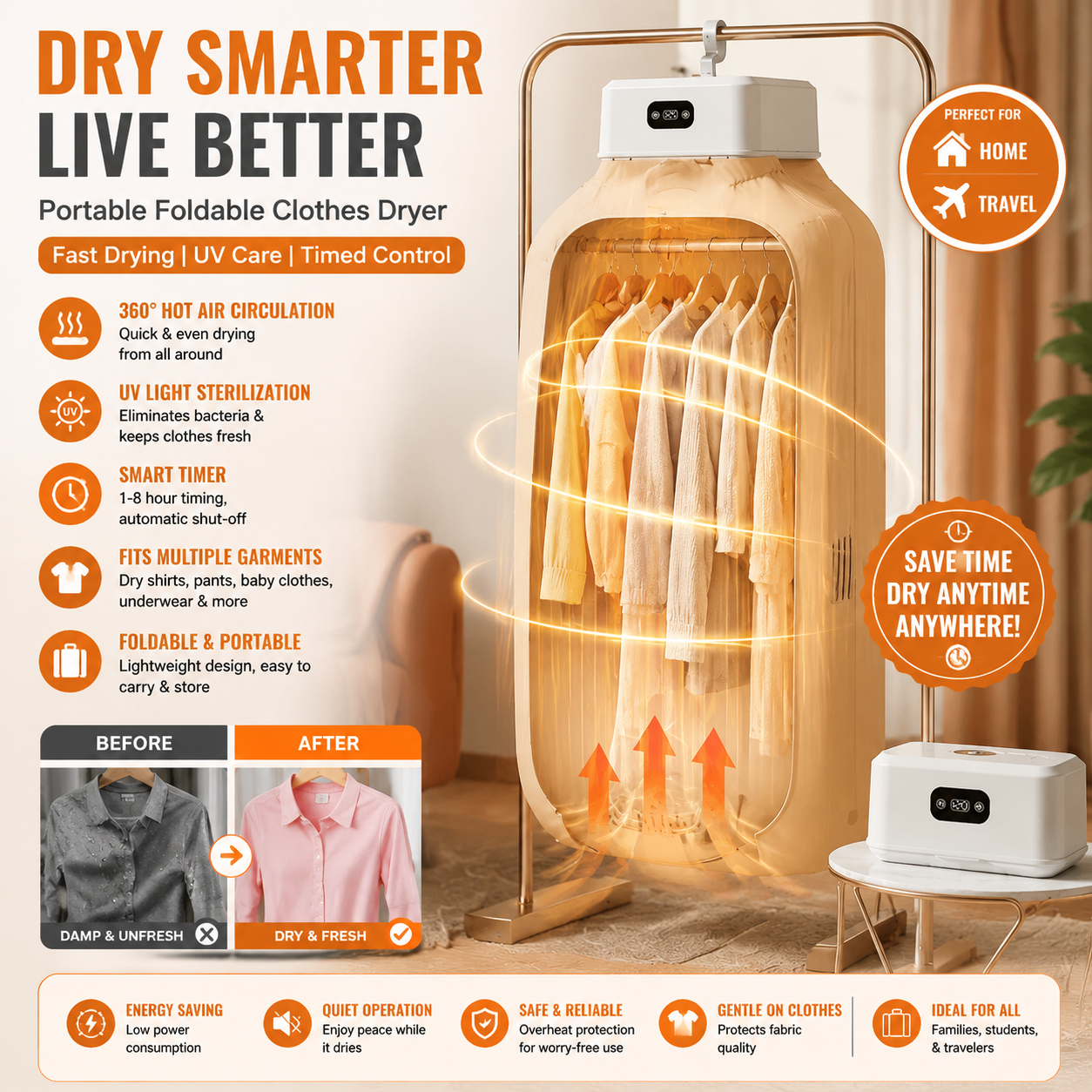 Portable Foldable Timed Hot Air Drying Machine with UV Light