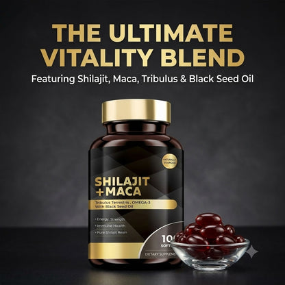 Shilajit + Maca Softgels with Tribulus & Black Seed Oil with Omega-3