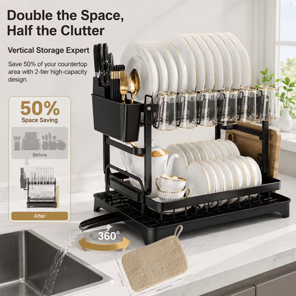 2 Tier Dish Drying Rack with Detachable Drainer & Utensil Holder f