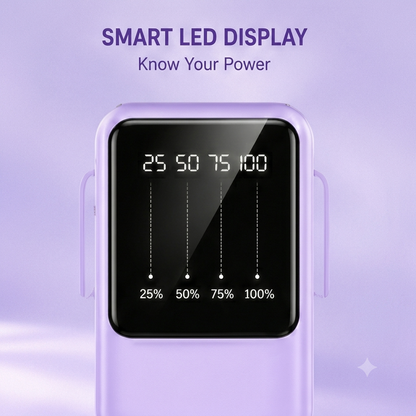 10000mAh Portable Power Bank – 4-in-1 Built-In Cables, Dual LED Lights & Dual USB Charging
