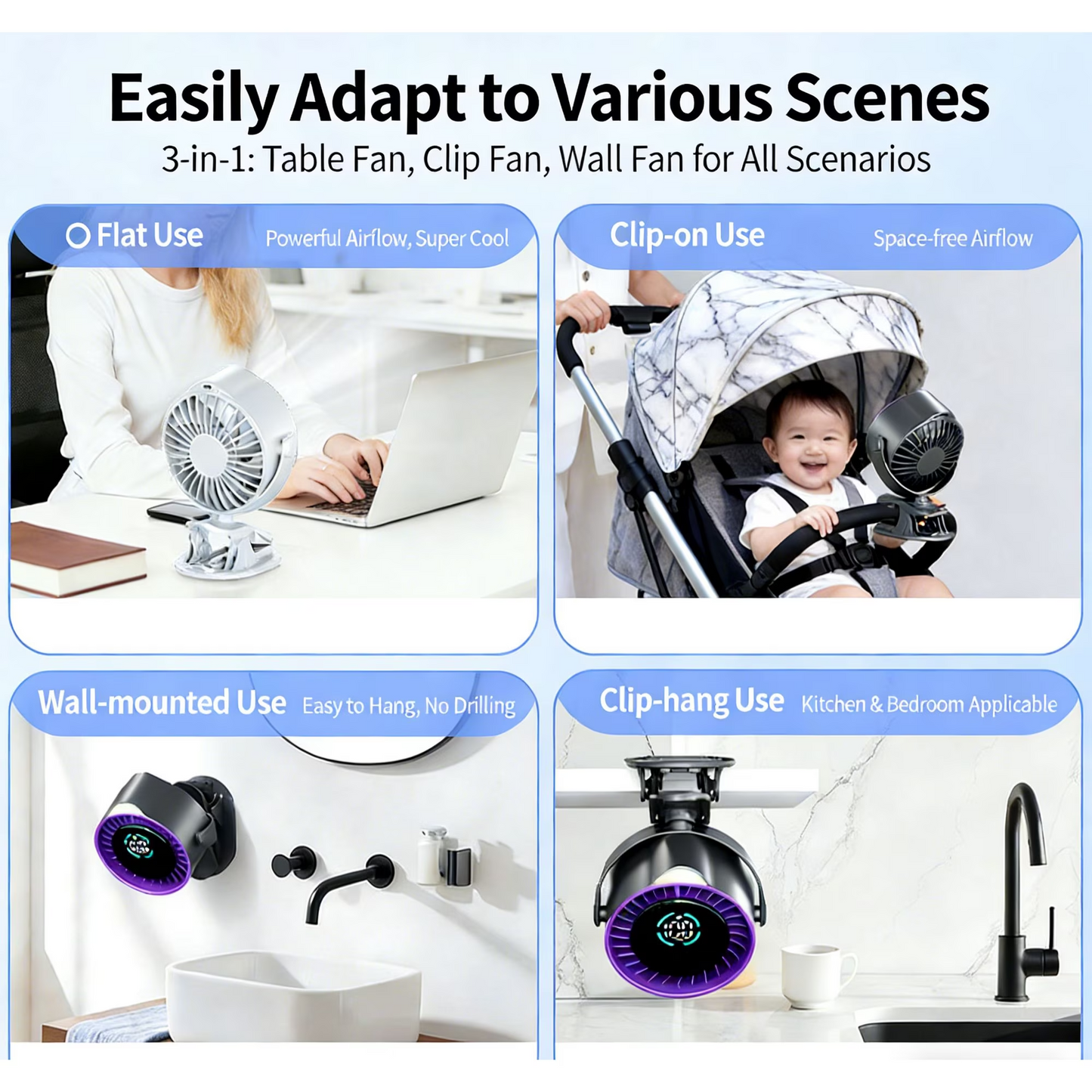 Portable Clip-On USB Rechargeable Fan with Digital Display