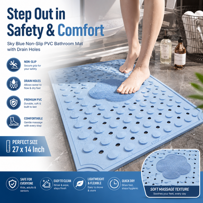 Sky Blue Non-Slip PVC Bathroom Mat Drain Holes