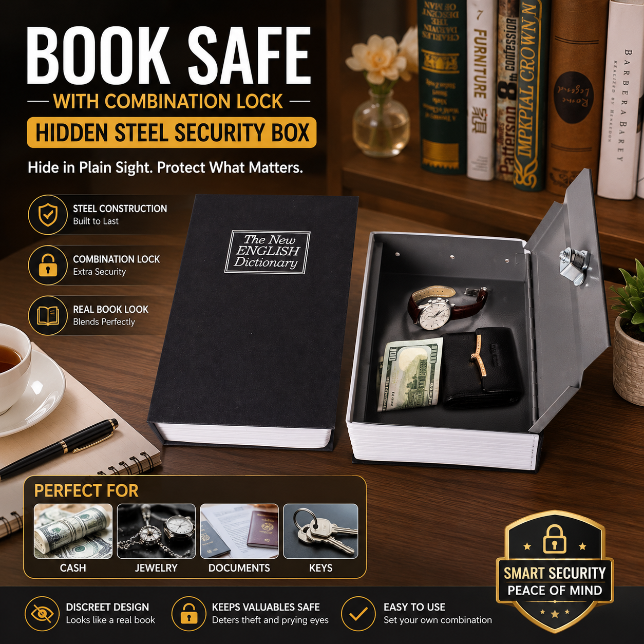 Book Safe with Combination Lock Hidden Steel Security Box