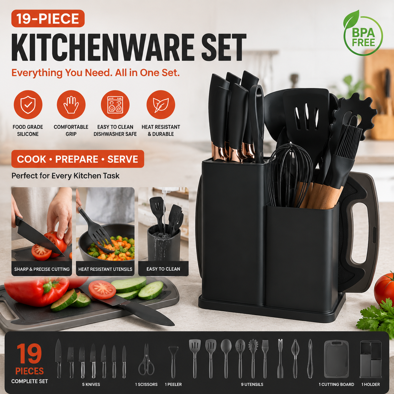 19-Piece Silicone Mold & Plastic Knife Set Kitchen Cutting Tool Kit