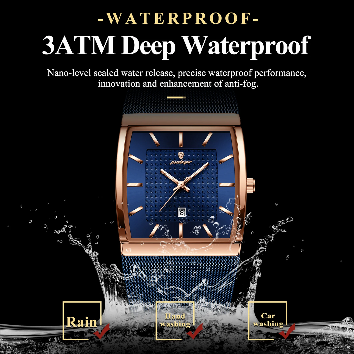POEDAGAR 885 Luxury Men's Quartz Watch Square Dial Stainless Steel Mesh Strap