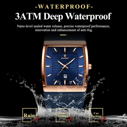 POEDAGAR 885 Luxury Men's Quartz Watch Square Dial Stainless Steel Mesh Strap