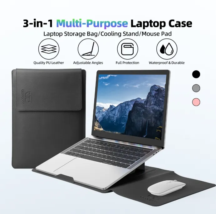 Luxury PU Leather Laptop Sleeve – Slim Protective Case with Stand Function