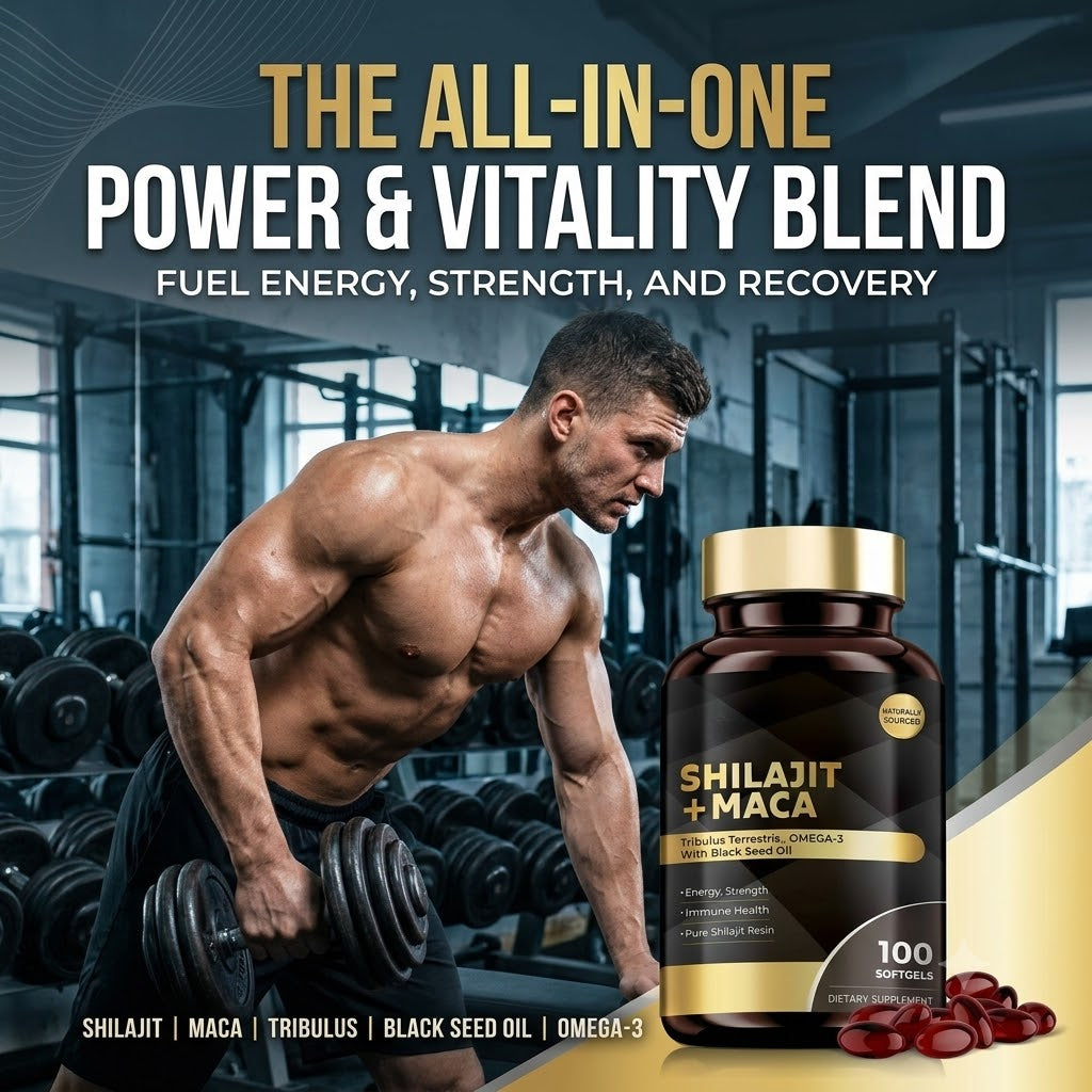 Shilajit + Maca Softgels with Tribulus & Black Seed Oil with Omega-3