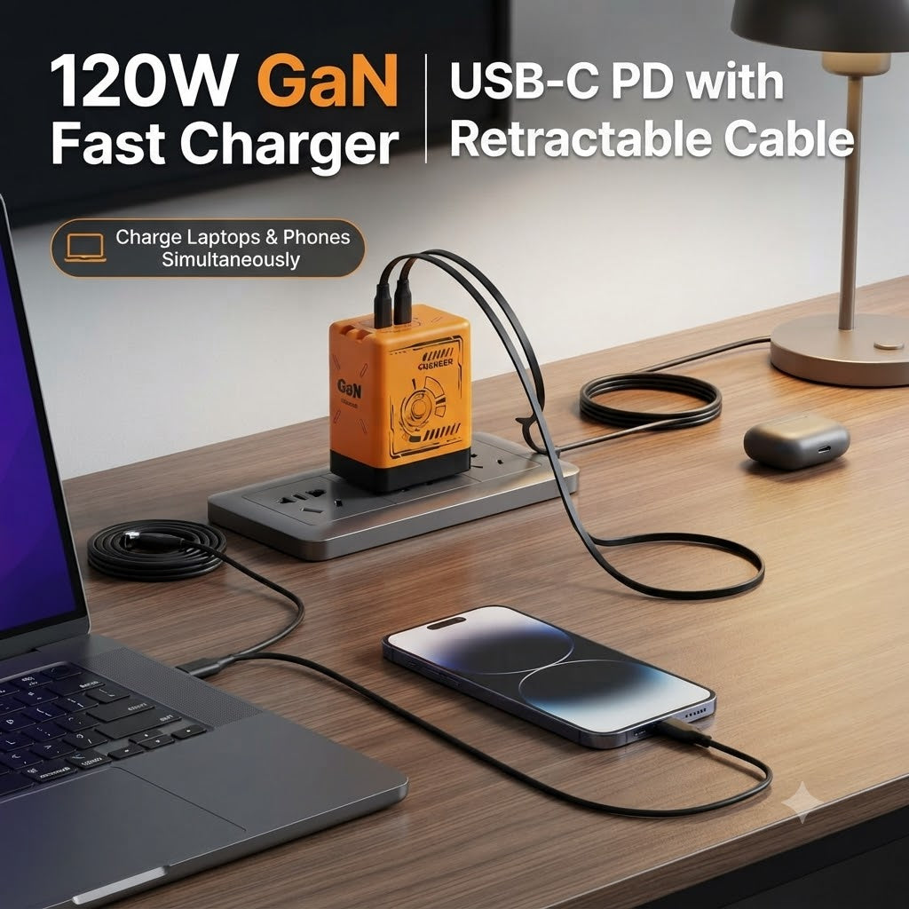120W GaN Fast Charger USB-C PD Charger with Retractable Cable