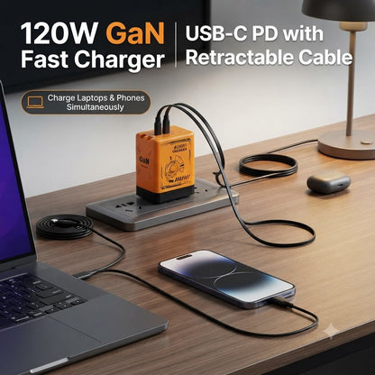 120W GaN Fast Charger USB-C PD Charger with Retractable Cable
