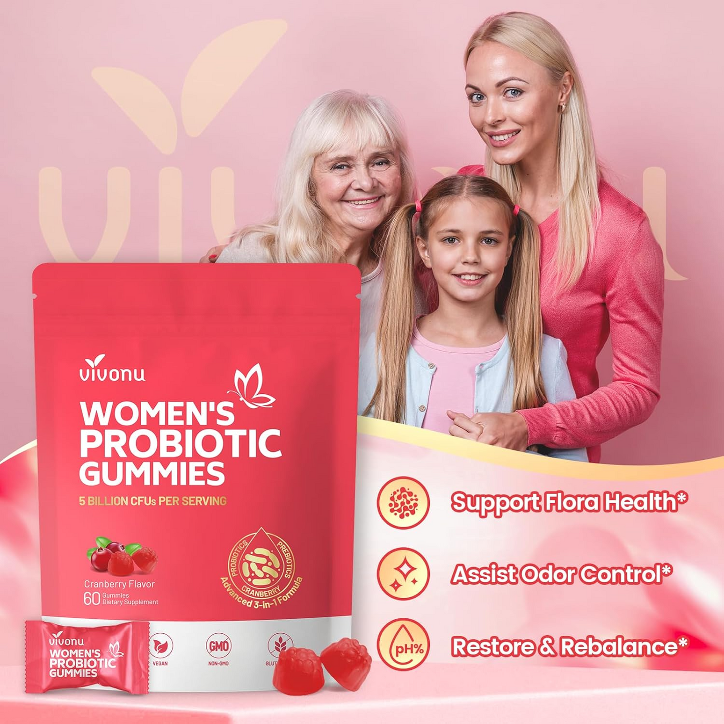 Women’s Probiotic Cranberry Gummies – Daily Balance, Gut & Feminine Health Support