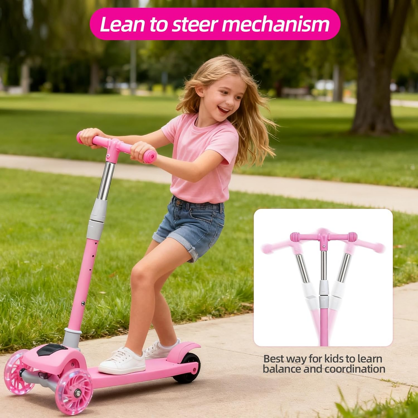 Foldable 3 Wheel Kids Kick Scooter with LED Lights – Outdoor Riding & Balance Toy
