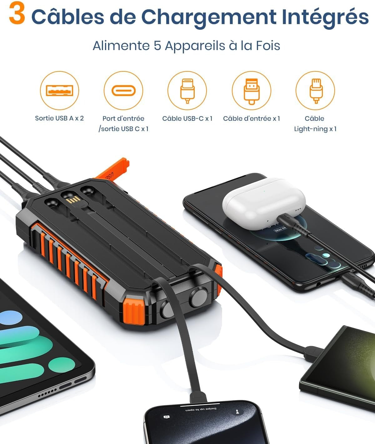 Hiluckey Solar External Battery 27000mAh, Solar Power Bank Charger with 3 USB C Cables Quick Charge