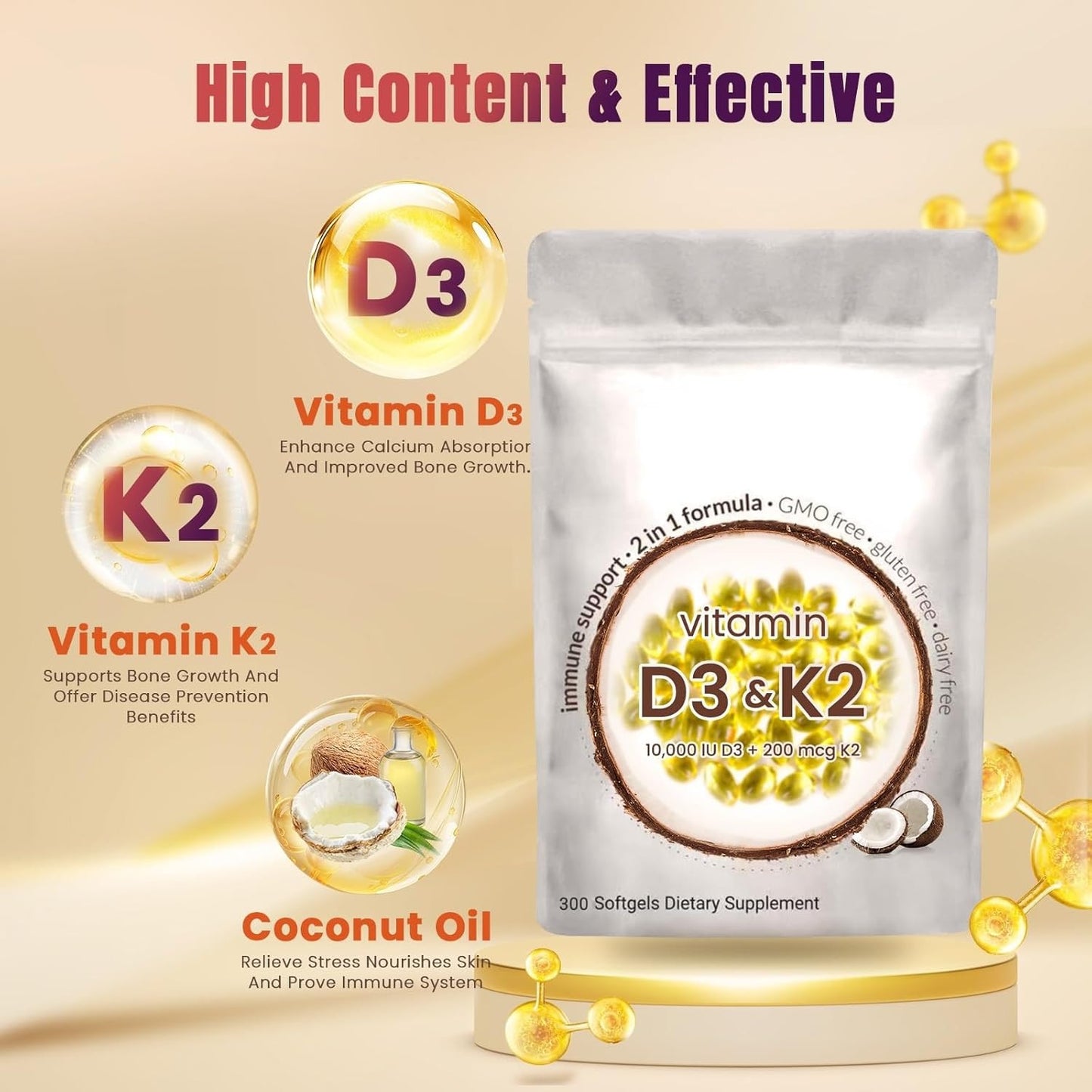 Vegan Vitamin D3 + K2 Softgel Capsules – 5000 IU Daily Support