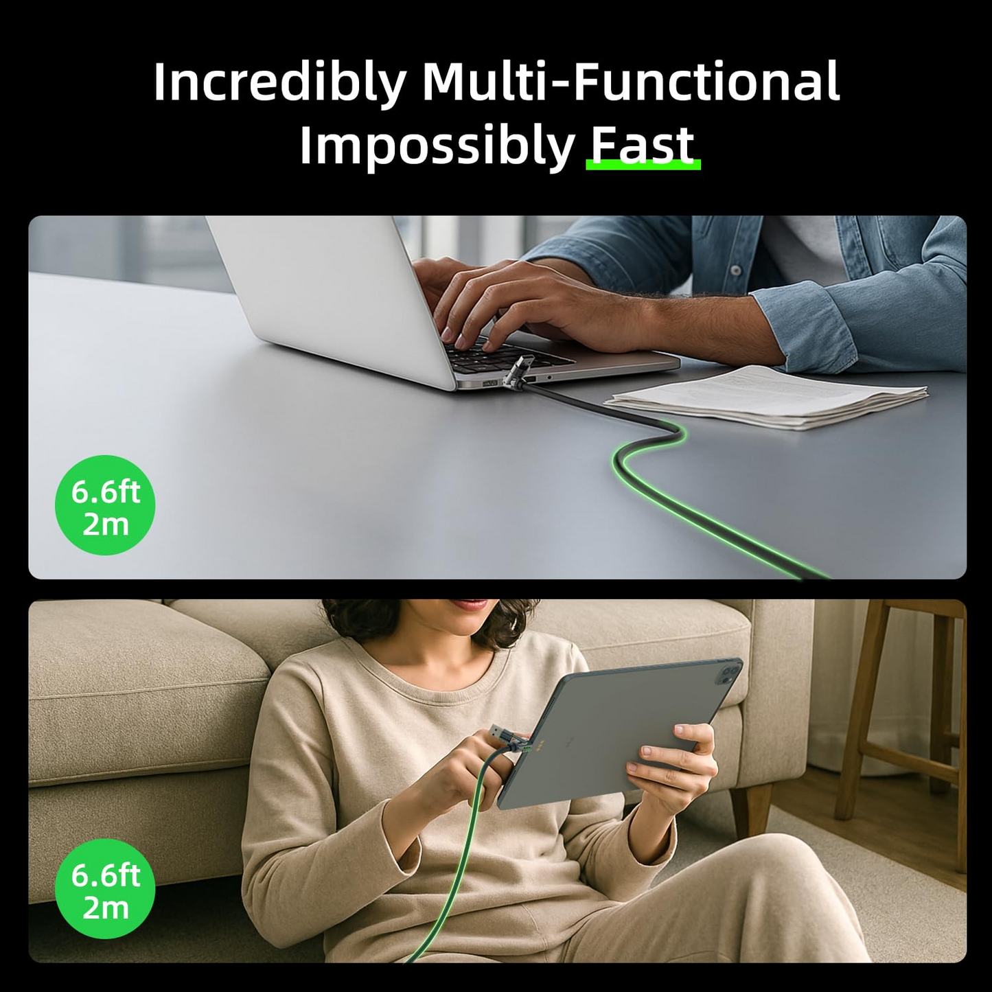 2M Retractable 4-in-1 PD Fast Charging Cable 65W USB-C Multi-Charging