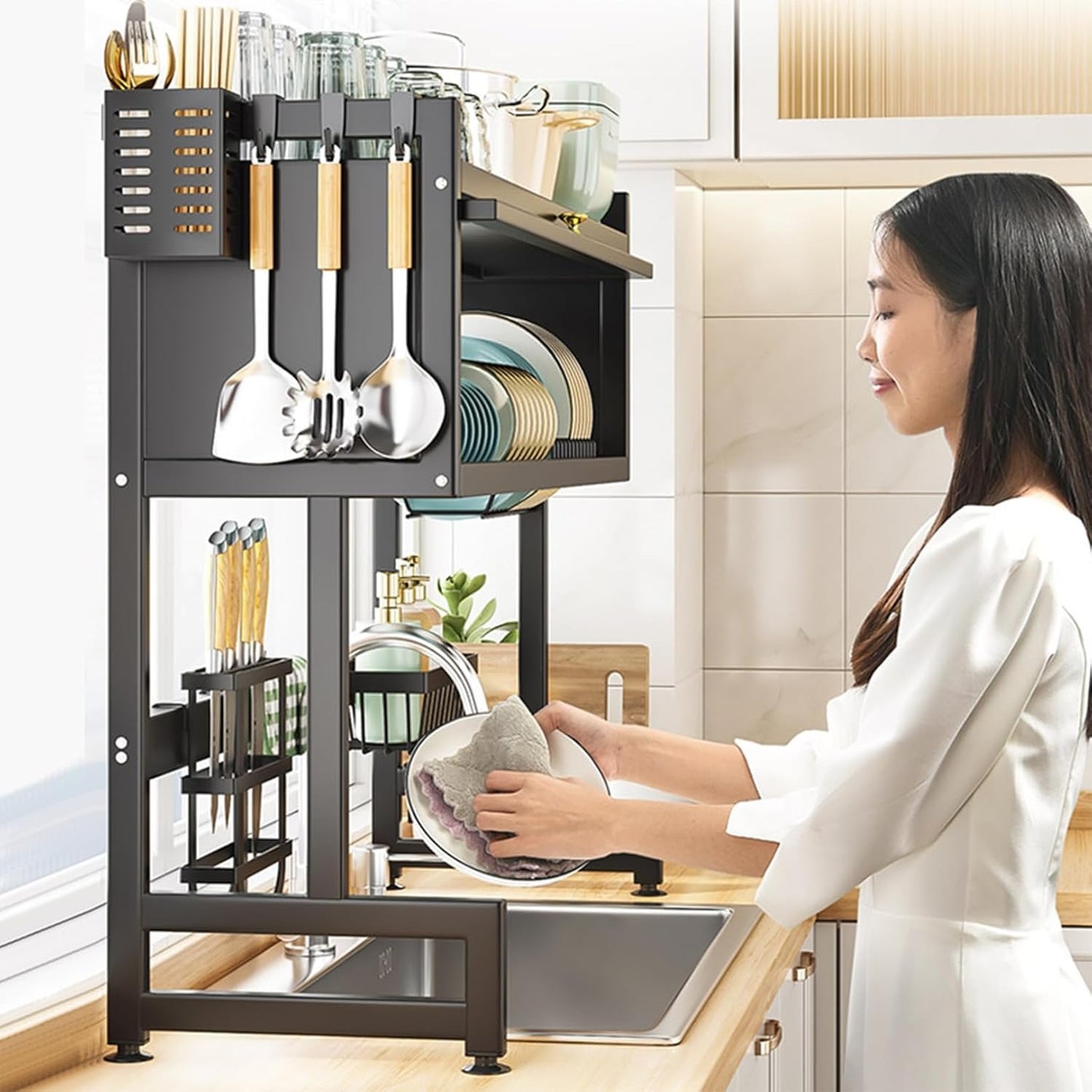 Space-Saving Kitchen Drying Rack — 2-Tier Metal Drainer