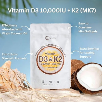 Vegan Vitamin D3 + K2 Softgel Capsules – 5000 IU Daily Support