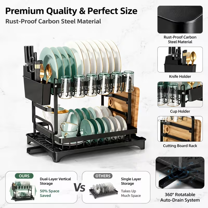 2 Tier Dish Drying Rack with Detachable Drainer & Utensil Holder f