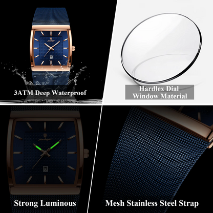 POEDAGAR 885 Luxury Men's Quartz Watch Square Dial Stainless Steel Mesh Strap
