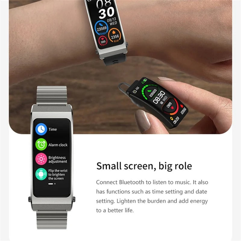 Smart Watch Bracelet with Built-In Earbuds – BT Call, Music & Health Monitor
