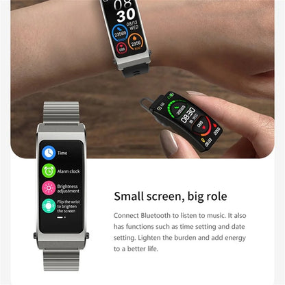 Smart Watch Bracelet with Built-In Earbuds – BT Call, Music & Health Monitor