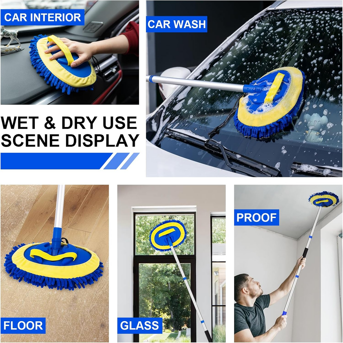 Car Wash Chenille Flat Mop Set – Telescopic Aluminum Alloy Cleaning Mop for Cars & Windows