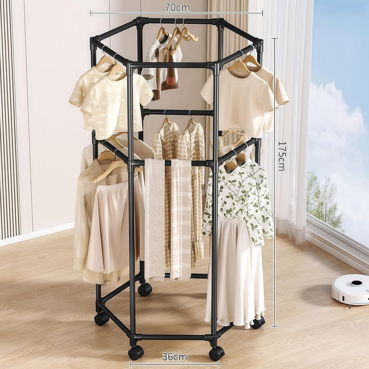 Modern Hexagonal Rotating Clothes Drying Rack Movable Stand