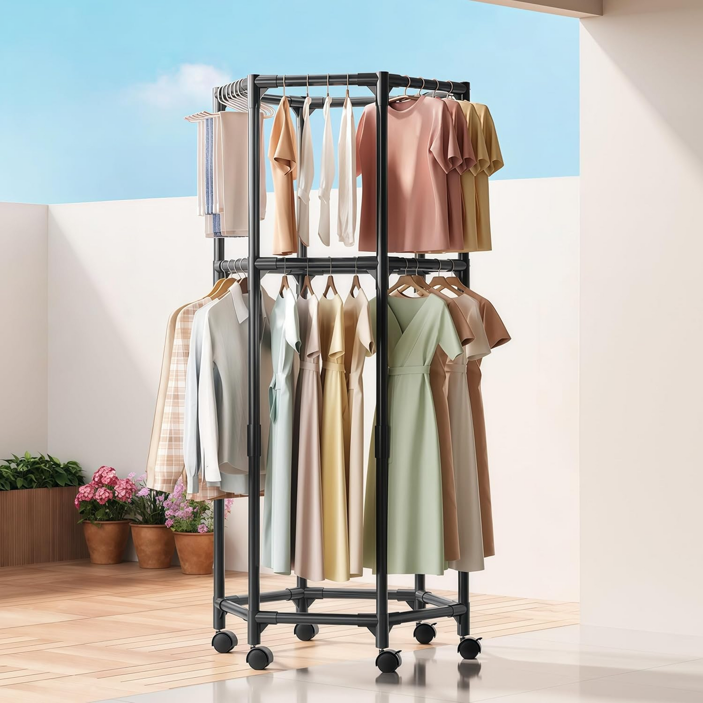 Modern Hexagonal Rotating Clothes Drying Rack Movable Stand