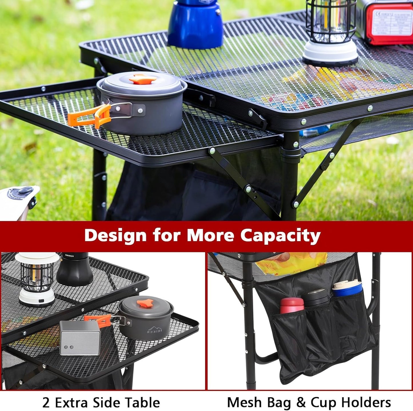 Foldable Aluminium Camping Table with Side Shelves