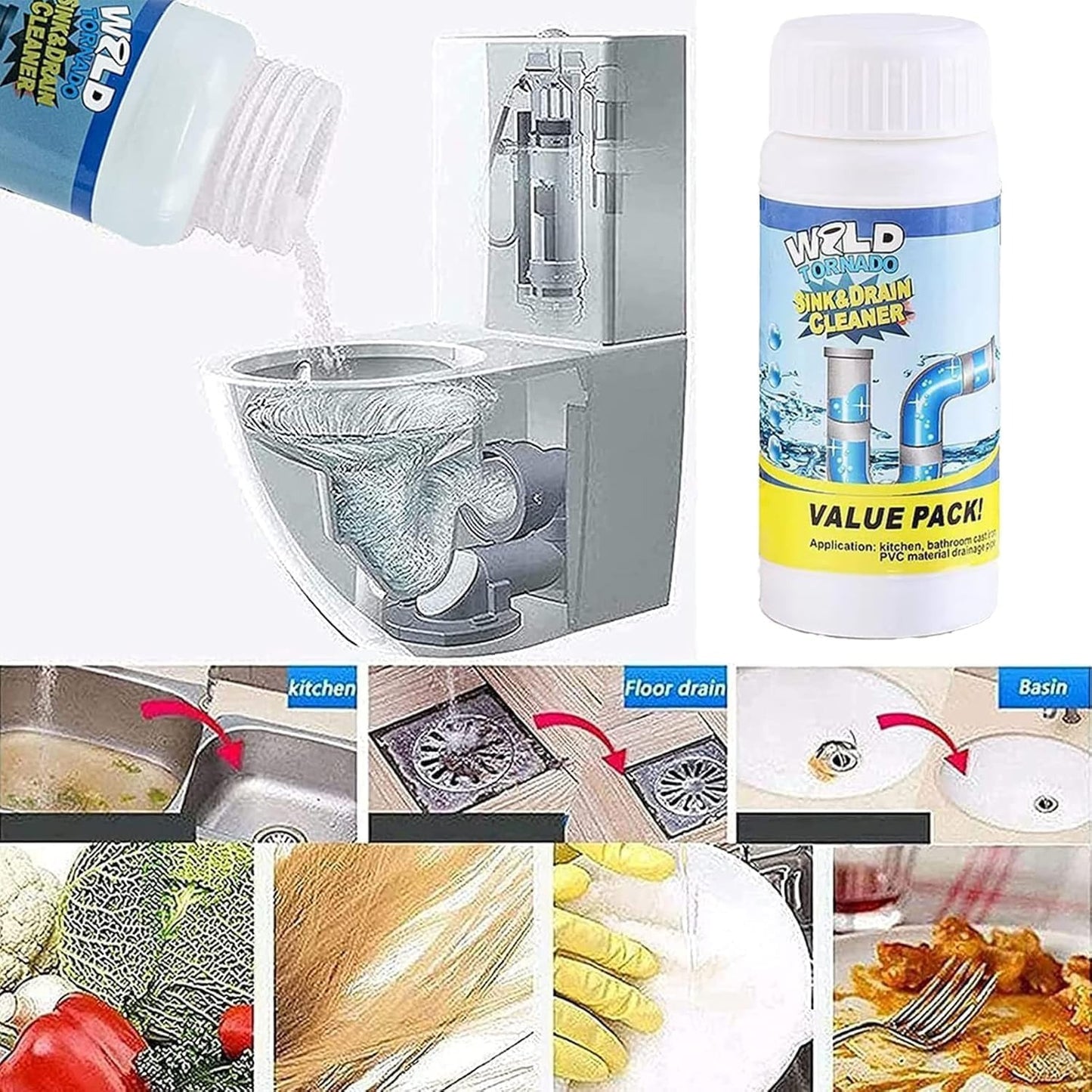 Drain Cleaning Powder Grease & Blockage Removal for Toilet and Kitchen Drains