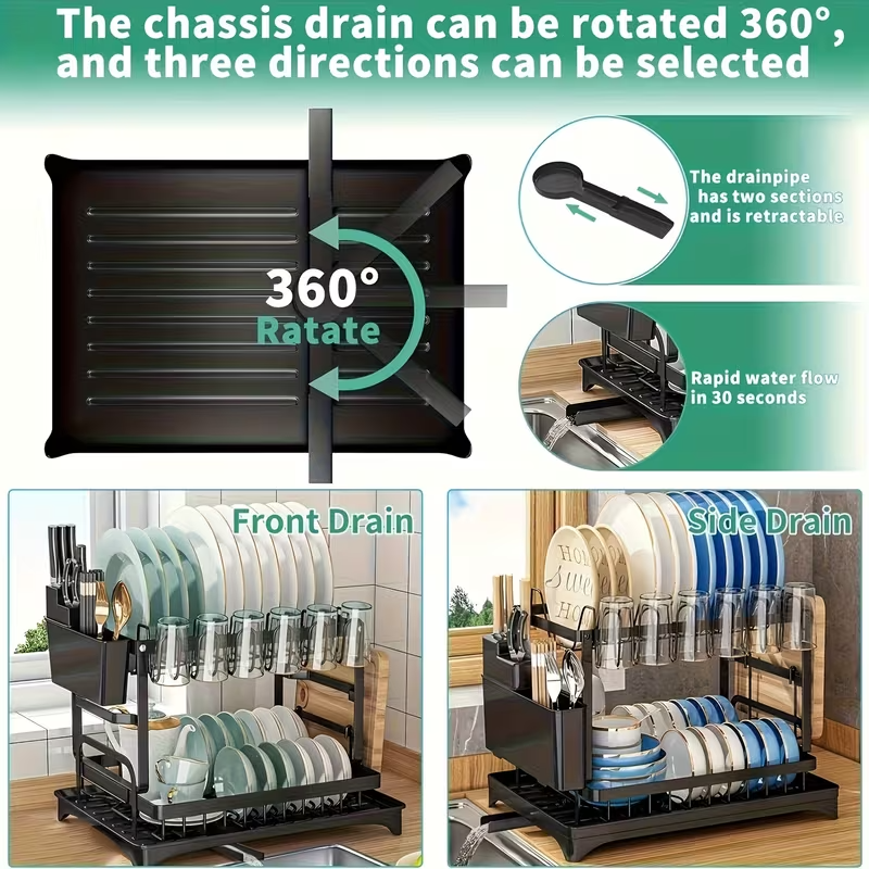 2 Tier Dish Drying Rack with Detachable Drainer & Utensil Holder f