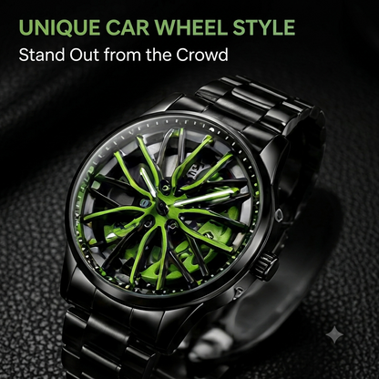 Creative 3D Car Wheel Spin Men's Quartz Watch – Waterproof Stainless Steel Designer Wristwatch
