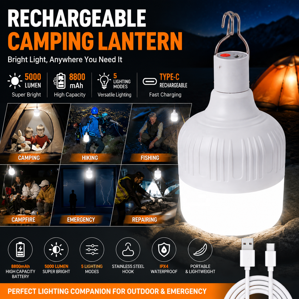 Waterproof Solar LED Light Bulb – Emergency, Camping & Garden Lighting