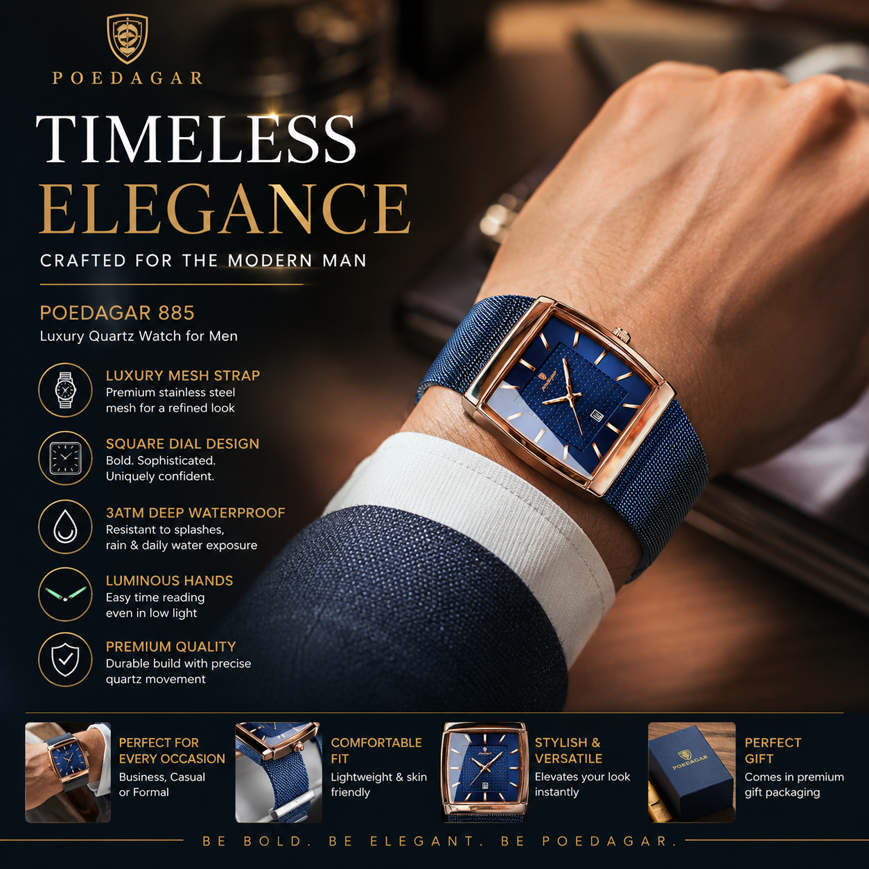 POEDAGAR 885 Luxury Men's Quartz Watch Square Dial Stainless Steel Mesh Strap