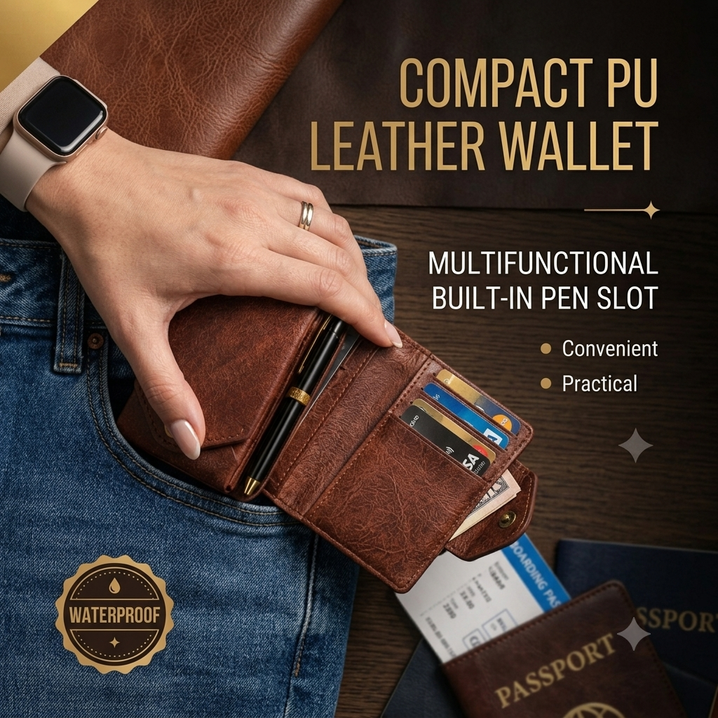 Compact PU Leather & Front Pocket Wallet with Built-In Pen Holder