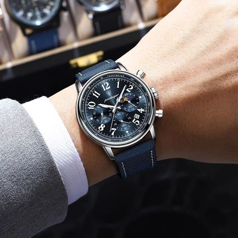 Luxury Sports Quartz Watch for Men – Waterproof Chronograph with Blue Leather Strap