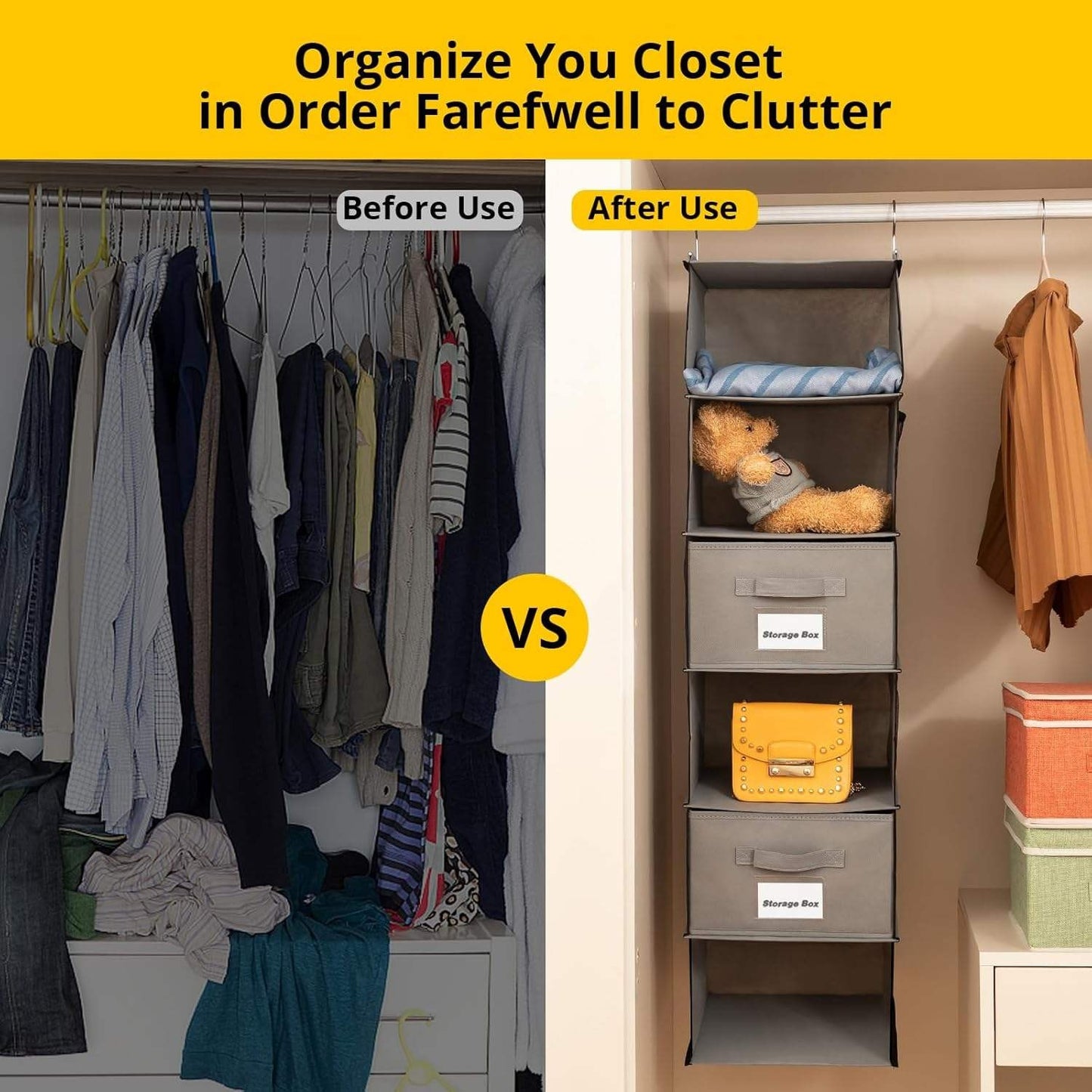 Hanging Closet Organizer – 5 Shelves & 6 Side Pockets